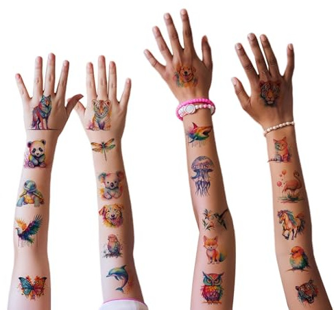 KLINNA 10er Set Tattoos für Kinder Jungen – Wasserfarben Tiere Temporäre Tattoos als Geschenke, Hautfreundliche Temporäre Klebetattoos als Deko für die Perfekte Geburtstags Party