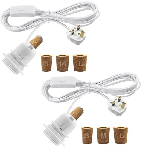 2 Packs Bottle Lamp Kit Do It Yourself, 240CM Cable, E27 Bottle Light Adaptor Kit, Bottle Light Fitting, Table Lamp Making Kits with 3 Sizes of Stoppers, Suitable for Various Bottles, White