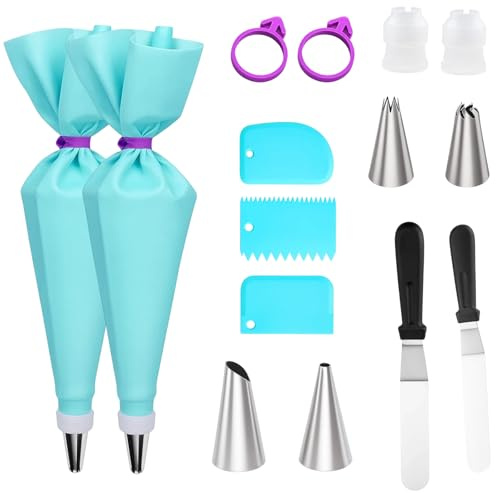 17 Piece Piping Bags and Tips Set with 2 Palette Knives, Complete Cake Decorating Kit for Icing, Frosting, Cupcakes, Cookies, Includes 15 Baking Tools, 6 and 8 Inch Cake Spatulas