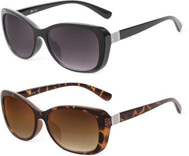 JM 2er-Pack Damen-Lesesonnenbrillen mit Bifokalgläsern, Vintage-Lesebrille mit UV-Schutz für draußen, schwarz und schildpatt +2,0