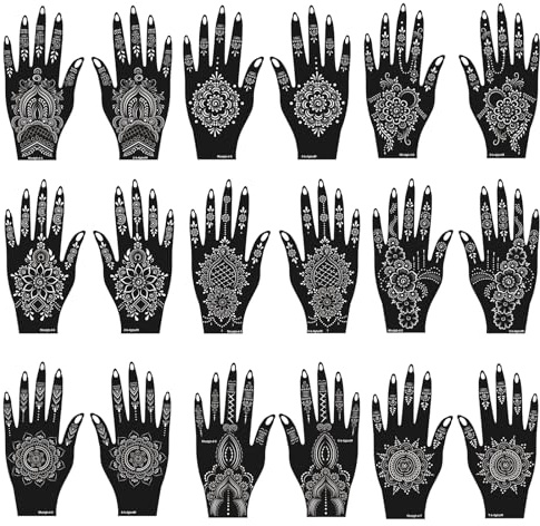 Set di 18 stencil per tatuaggi a forma di henné, riutilizzabili, design delicato sulla pelle, per festival, spettacoli e pittura quotidiana del corpo