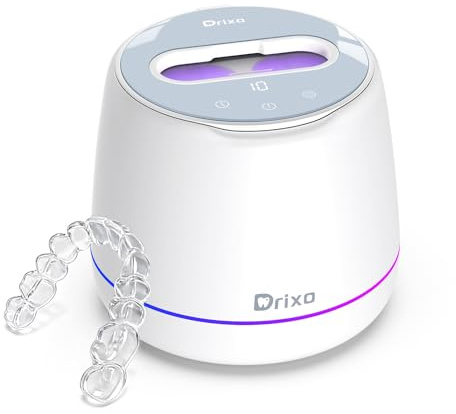 Drixo Ultrasonic Retainer Cleaner Machine, IPX6 Waterproof Dental Cleaning Pod, 3 Modes Denture Cleaner for Night Guard Mouth Guard Braces, 45kHz Denture Dome with UV Light, 200ML Tank, Arctic White