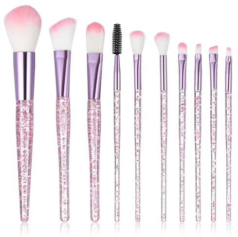 10Pcs Pink Makeup Brushes Set Professional Eye Shadow Brushes Set Kit for Blush Lip Foundation Eyebrow Loose Powder and Fan Brushes with Sequins Handle Make up Blending Brushfor Women Gift