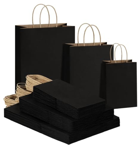 Eupako Black Gift Bags with Handles Assorted Sizes Kraft Paper 75 Pcs Bulk | Recycled Sturdy Kraft Paper Bags for Wedding, Party, Birthday, Shopping, Merchandise(S-25pcs, M-25pcs, L-25pcs)