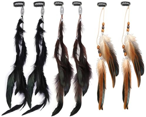 YIPFEN 6 Stück Boho Federn Haarschmuck Clip, Hippie Kopfschmuck mit Pfauenfedern, Indianer Federn Haarschmuck, Clip-In Feder Haarspange für Damen, Piraten Halloween Kostüm Cosplay Zubehör Accessoires