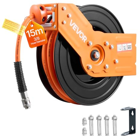 VEVOR Enrouleur Tuyau Air Comprimé 15 m x 9,5 mm Dévidoir Tuyaux Compresseur Air Pression Max 20,7 bar Enrouleur Automatique Tuyaux Hybrides avec Tuyau Arrivé 1 m, Fixation Mur Plafond, Bras Simple