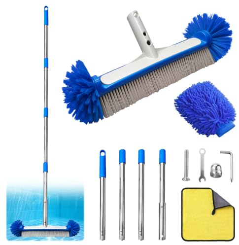 Poolbürste mit Stiel 160cm Lang Pool Bürsten Set 43cm Pool Reinigungs Bürste mit Halbkugelförmigen Borsten Poolbesen für Poolwänden, Fliesen und Stufen mit Reinigungstuch und Mikrofasertuch