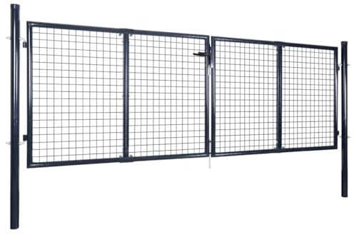 Mesh Garden Gate Galvanised Steel 300 x 75 cm in Grey with Ground Spike and 3 Keys, Sturdy Yard Gate for Garden, Yard, Driveway, Modern Fence Gate with Powder Coating