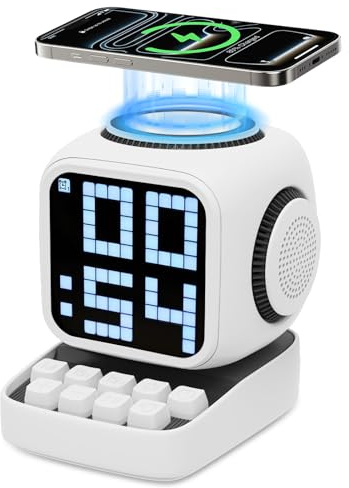 Banaone Haut-Parleur Bluetooth Portable avec Une Station de Recharge inductive, Horloge de Table numérique Intelligente, réveil avec Bruit Blanc, pour Bureau, Bureau, Convient comme Cadeau (Blanc)