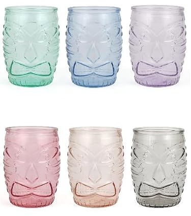 Vaso Bajo Tiki de Colores 500ml – Set de 6 Vasos de Vidrio Surtidos – Color Verde, Azul, Morado, Rojo, Naranja y Gris – Ideales para Cócteles y Refrescos – Vidrio Grueso Resistente