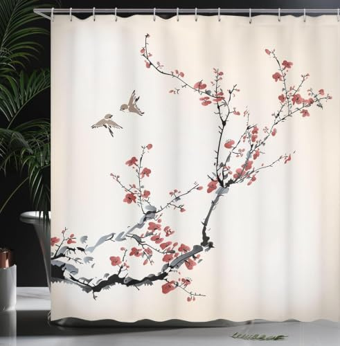Anti-mögel röd plommonträd duschdraperi