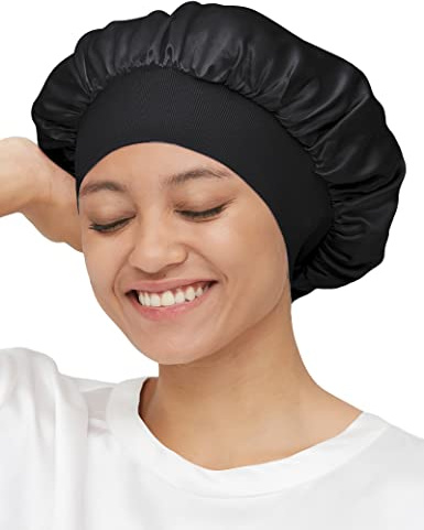 Mommesilk Seide Schlafmütze 1 STK Damen mit Langen Haaren Weiche Nachtmütze mit breitem Gummiband für Schlafen/Krebs/Chemo/Haar-Verlust Verpackung MEHRWEG - Schwarz