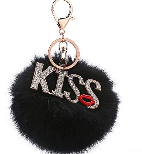 Keychain KISS Strass glänzend Schlüsselanhänger plüsch Ball TaschenanhängerElegant Plüsch-Kugel Auto-Anhänger Pompom Glitzer Weich Handtaschenanhänger Dekor Schlüsselring bommel (Schwarz)