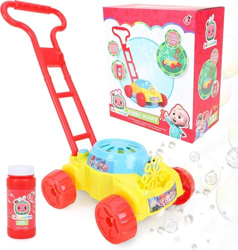 Cortacésped de burbujas Toyland® Cocomelon - Cortacésped de juguete para empujar con máquina de burbujas - Funciona con pilas - Juguetes para exteriores y juegos de jardín - Juguetes de burbujas