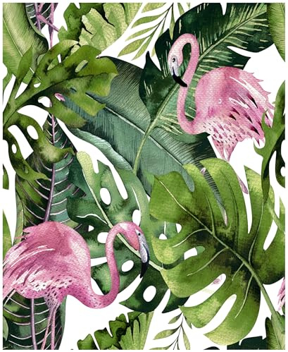 Floralplus Peel and Stick Wallpaper Pink Flamingo Wallpaper Tropical Palm Leaf Removable Wallpapers for Bathroom Renter Friendly Floral Contact Paper for Nursery Home Decor 17.5 x 118 in