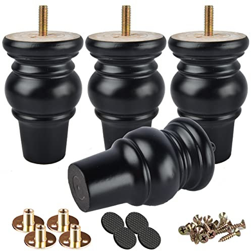 Btowin 10cm Holz Möbelfüße, 4 Stück Schwarz Round Spindel Massivholz Tischbeine Kugelfüße mit M8 Bolzen & Montageplatten & Schrauben für Sofa Couch Stuhl Ottomane Schrank Liebessitz
