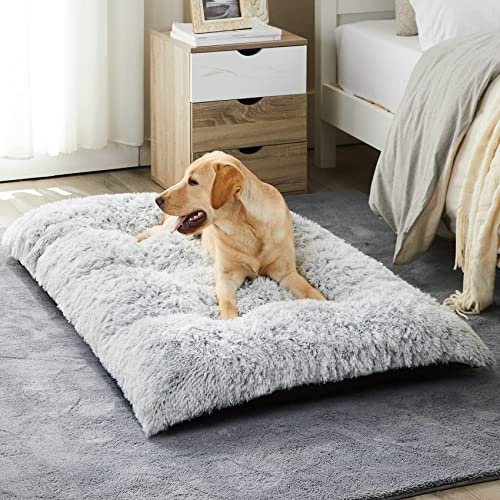 BFPETHOME Dog Beds for Large Dogs, Plush Dog Crate Bed Fluffy Cozy Kennel Pad for Sleeping &Ease Anxiety, Washable Pet Mats with Anti-Slip Bottom for Large Dogs, Grey