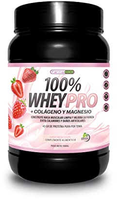 100% Whey Protein con Colágeno y Magnesio | 43 gramos de Proteína Pura por toma 0% Azúcares | Aumenta el crecimiento muscular y tonifica los músculos | 1000g (Fresa)