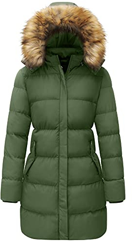 WenVen Lång vinterkappa för kvinnor, vindtät quiltad jacka, tjock jacka, varm vadderad kappa, vinterparkas med fuskpälshuva, Armégrön, XL