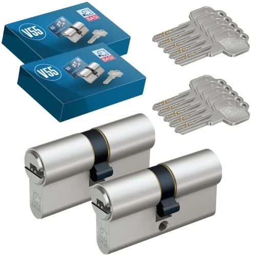 BASI | 2er SET V55 Profil-Doppelzylinder N+G 30/40 mm | Gleichschließend | Zylinderschloss mit 5 Wendeschlüssel | Not- und Gefahrenfunktion | Pickingschutz & Anbohrschutz | Türzylinder Schließzylinder
