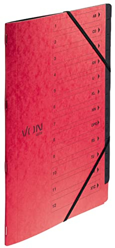 VON Leitz 5er Pack Ordnungsmappe A4 mit 12 Fächern, Karton, Projektmappe, Mit Registern und Gummibandverschluss, Für Schule, Studium & Zuhause, Rot, 30150025