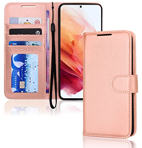TECHGEAR Galaxy S23 Étui Portefeuille en Cuir, Housse de Protection avec Porte-Cartes, Support et Dragonne - Cuir PU Rose Gold avec Fermeture Magnétique Conçu pour Samsung S23 5G