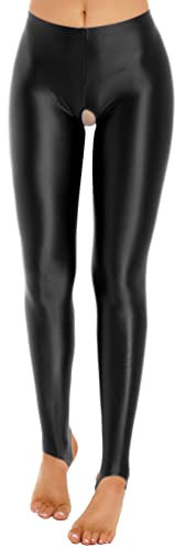 YiZYiF Damen Glänzend Nylon Strumpfhosen mit offenem Schritt Hochglanz Glossy Shiny Leggings Strümpfe Reizvolle Unterwäsche Schwarz_Steg XL