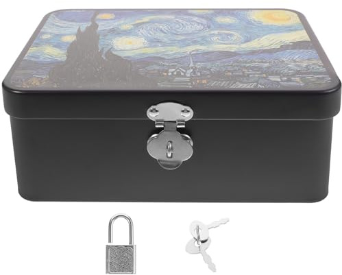 Cabilock Vintage Decorative Tinplate Storage Box with Lock Portable Container for Jewelry Keepsakes Sturdy Desktop Holder with Lid
