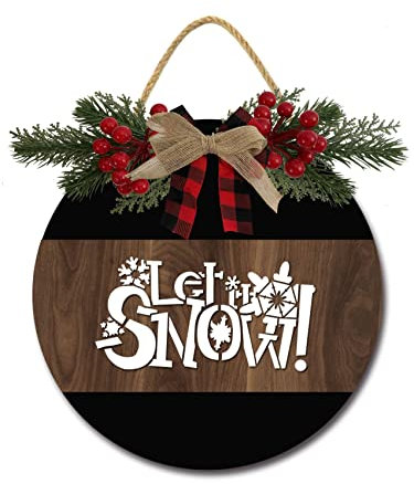 Let It Snow Haustürschild, lustige Kränze zum Aufhängen, Holzschild, Dekoration, rund, rustikal, Holz, Bauernhaus, Veranda, Dekoration für Zuhause, Haustür, 27,9 x 27,9 cm