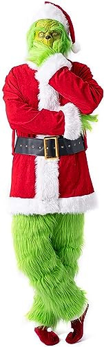 Costume Cosplay Grinch di Natale for Uomini Adulti, 7 Pezzi Abito Natalizio Costume da Babbo Natale Verde Deluxe Vestito Operato da Cosplay (Color : A, Size : L)