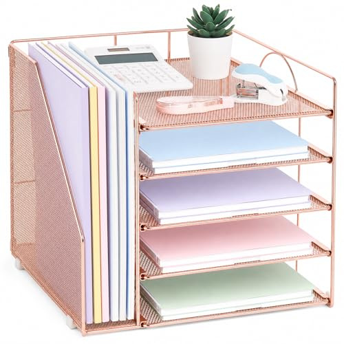 LEKETREE Organizer da scrivania con vassoio per lettere a 5 livelli e porta documenti, accessori da scrivania per forniture per ufficio e spazio di lavoro (oro rosa)