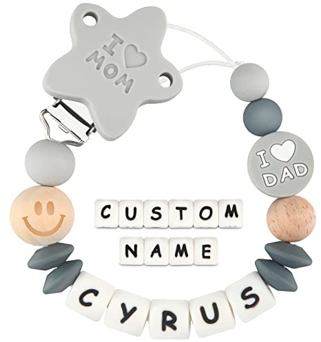 Kowlone Schnullerkette mit Namen Jungen mädchen Personalisiert Schnullerketten Ich liebe Mom Dad Schnuller Clips Halter für Baby Neugeboren(Hellgrau)