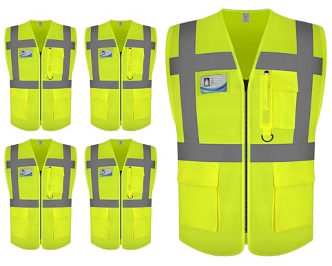 Graunton High Reflective Westen mit Reißverschluss, High Vis Westen für Männer Frauen, Hi Viz Weste für Verkehrsmanagement, Öffentliche Sicherheit, Transport, DE1-Gelb, 5XL,5PCS.