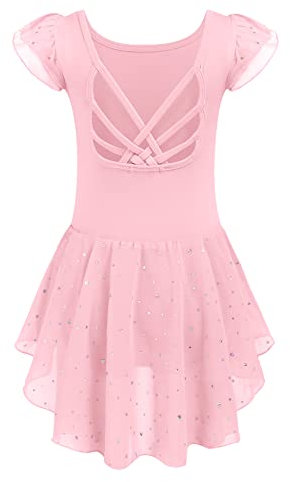 Arshiner Kinder Ballettkleidung Mädchen Baumwolle Tanztrikot Kurzarm Ballettkleid Rosa Ballettanzug Ballerina Kleid mit Irregulär Rock Tütü 140/5-6 Jahre