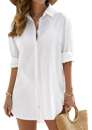 Vancavoo Vestidos de Playa Mujer Camisolas de Playa Bikini Cover Up Camisas de Manga Larga Suelta Pareos de Casual Color Sólido Blusa con Botón para Verano(Blanco,L)
