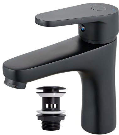 MILOT Basin Mixer Tap, Black Mixer Tap, Bathroom Sink Taps, G1/2 Leak Proof Bathroom Taps, Basin Tap, Bathroom Mixer Tap, Free Slotted Sink Plug (Matte Black)