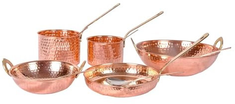 PEAKHILL _Set di pentole in rame puro, 10 pezzi, con cucchiaio da portata (set di padelle in rame, set Kadhai, padella) con manico in ottone per cucinare
