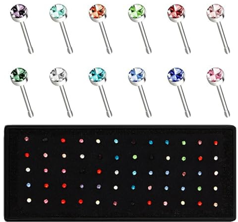 Crrynuo 60pcs Surgical Stainless Steel Nose Studs Hypoallergenic Body Piercing Jewelry Nose Ear Tragus Helix Barbell Rings Pin 15G 2mm Crystal Rhinestone Straight Bar(Multi-Color)