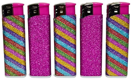 5 Electronic Lighter Set Assorted Designs Compact & Durable Gas Lighters for Camping Hiking BBQ & Everyday Use Adjustable Flame, Portable, Ideal for Outdoors, Non-Refillable (Soft Glitter Lines)