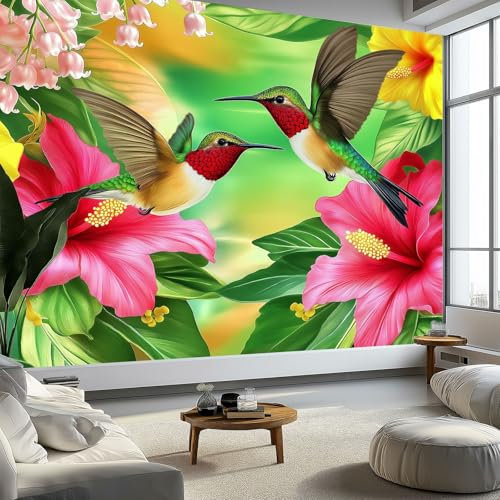 Fotomurales infantiles Colibrí tropical con hibisco tropical de la selva Papel pintado 3D Tv Fondo Pared Moderno Dormitorio Murales Fotomurales Decorativos 350 x 256 cm
