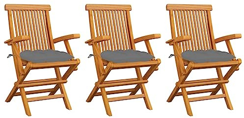 XINCXIN Gartenstühle, Terrassenstühle Chair Korbsessel Gartenmöbel Geeignet für Pool Balcony Garden Outdoor mit Grauen Kissen 3 STK. Massivholz Teak