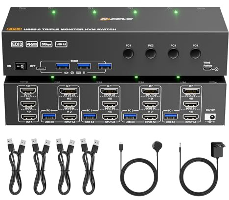 KVM Switch 4 PC 3 Monitores 4K@60Hz, Simulación EDID, USB 3.0 HDMI Displayport KVM Switch 3 pantallas para 4 PC Compartir 3 monitores y ratón teclado, con mando a distancia por cable y 4 cables USB