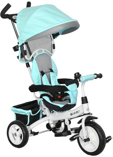 HOMCOM Dreirad 6-in-1 mit Schubstange für 1-5 Jahre Kinder bis 25kg, Kinderdreirad mit Vorwärts und Rückwärtsfahrt, Korb Getränkehalter Sonnendach, Grün