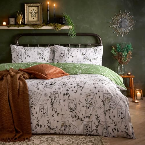 furn. Celestial Stories Duvet Cover Set (Green - Double) | Reversible Autumnal Mystical Botanical Tarrot Card Easycare Polycotton Bedding