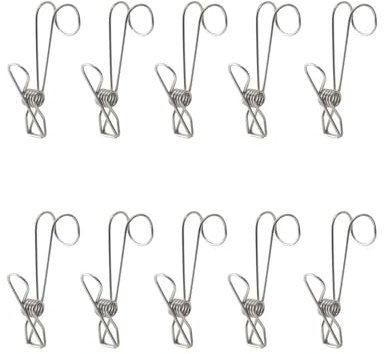 Confezione da 10 mollette in acciaio inox con ganci per appendere vestiti, foto, snack e articoli vari in bagno, cucina, ufficio (6,5 x 11 cm)