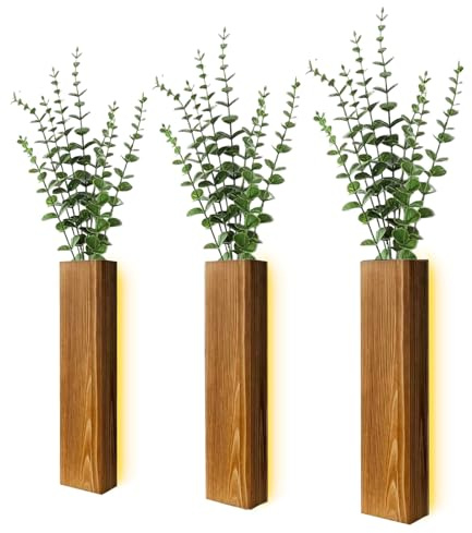 Set di 3 Vaso da Parete in Legno con Luci a LED, Fioriera da Parete, Decorazione da Parete per Camera da Letto e Bagno, Versatile Decorazione in Vasi Legno per Fiori Secchi e Piante Finte