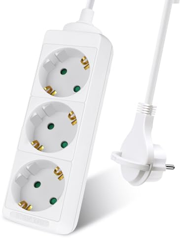 EXTRASTAR Regleta Alargador con 3 Enchufes，Cable 1.5M Clavija Plana, para el hogar, Oficina y Viajes, 16A, 250V, 3680W, Blanco