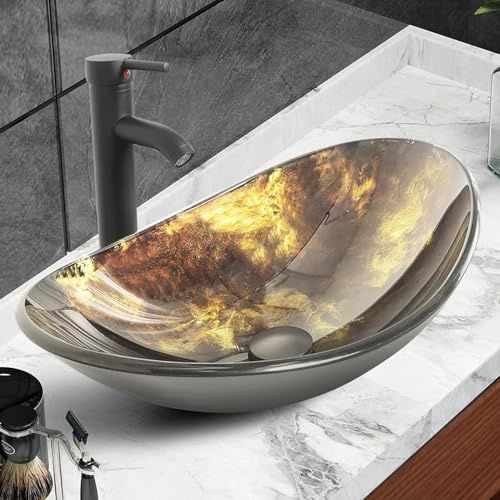 ARTETHYS Bathroom Sink, Glass Vessel Washing Bowl Set with Tap, Gold Marble | Countertop Wash Basin, Cabinet Counter Top Sink for Vanity Cabinet Cloakroom Kitchen