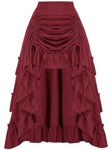 Jupe longue à volants pour femmes, style Halloween, steampunk gothique, victorien, médiéval, renaissance, rétro, pirate, jupe maxi élastique, rouge vin, 42