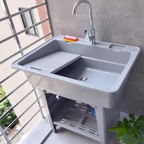 Pila Lavadero de Plástico con Tabla de Lavar, Lavadero Pila Exterior con Grifo de Agua Fría y Caliente y Kit De Desagüe, Ideal para Cuarto de Lavado(Gray,80x58x80cm)